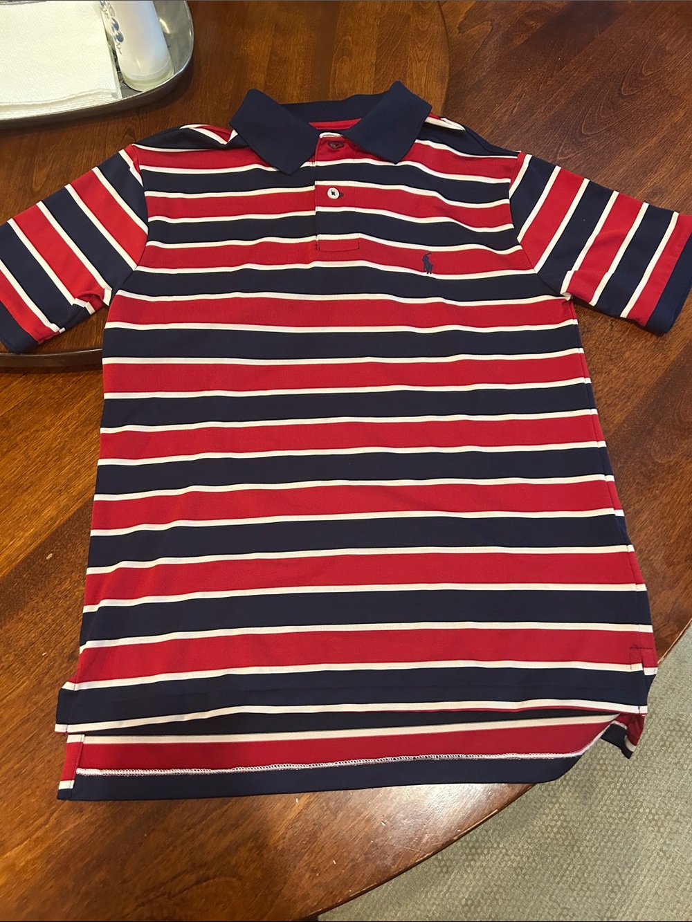 Polo Ralph Lauren Boys M 10-12 Red, Navy & White Striped Performance SS Shirt